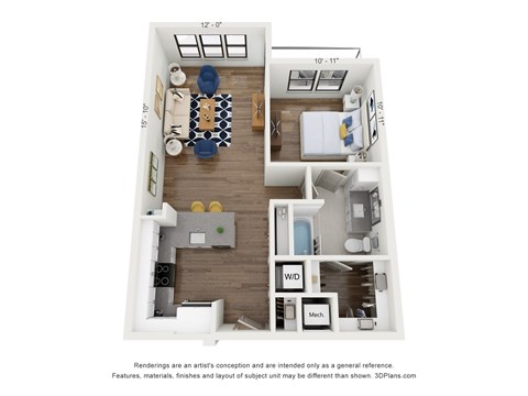 Floor plan for 1 bed, 1 bath, 718 sqft
